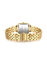 Kuldne roostevabast terasest randme kell, millel on ristkülikukujuline nägu ja metallist link-ranne. Omab liblikaklappi ja graveeritud logo tagaküljel.