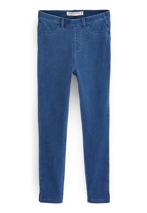 Leggings courts en jean bleu avec poches avant et passants de ceinture, présentés sur fond blanc.