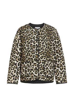 Veste matelassée à imprimé léopard noir, marron et beige, col rond, boutons sur le devant et deux poches avant soulignées d'un liseré noir.