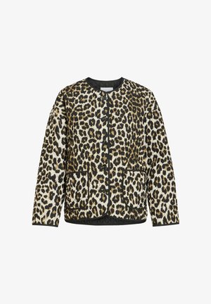 Tikitud jakk musta, pruuni ja beežikirju leopardimustriga, ümmarguse kaelusega, eest nööpidega ja kahe eest taskuga, mille servad on musta ääristusega.