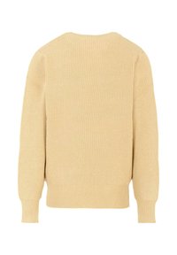 Beżowy sweter prążkowany z długimi rękawami i okrągłym dekoltem. Teksturowany materiał i dopasowany krój z prostym wykończeniem na wysokości talii. Widok z tyłu.