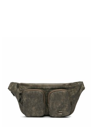 Ciemnoszara torba na pas z płótna z dwoma przednimi kieszeniami zapinanymi na suwak oraz regulowanym paskiem z klamrą.