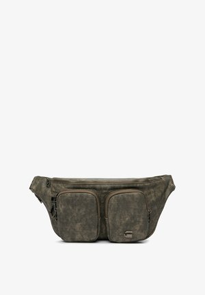 Dunkelgraue Canvas-Taillentasche mit zwei vorderen Reißverschlusstaschen und verstellbarem Riemen mit Schnallenverschluss.