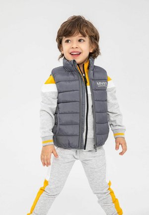 Gilet rembourré gris avec col montant et coutures verticales, porté sur un sweat à rayures gris et jaunes et un pantalon de survêtement gris.