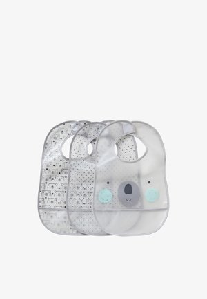 Three overlapping baby bibs with grey trim; one has a koala face, the others have koala and polka dot patterns in grey and white.