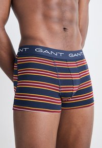 Blaue Boxershorts mit horizontalen roten, gelben und weißen Streifen. Mit einem GANT-Logo-Bund und einer enganliegenden, konturierten Passform.