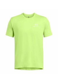 T-shirt atletica verde a maniche corte realizzata in tessuto leggero; presenta un collo tondo e un logo Under Armour bianco sul petto.