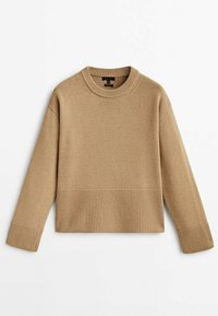 Pull beige col rond à manches longues avec poignets et ourlet côtelés, posé à plat sur fond blanc.