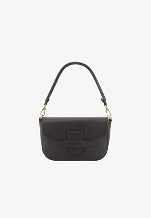 Black leather handbag with a structured shape, top flap, and a front strap detail. Features a single handle and gold hardware accents.