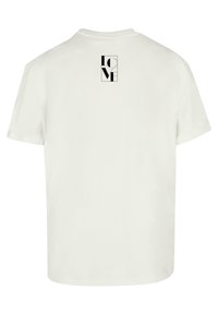 Hvit bomulls T-skjorte med svart grafisk design og "LOVE" tekst på øvre rygg. Korte ermer og standard rund hals.