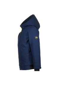 Giacca blu navy con cappuccio, chiusura con zip, due tasche laterali e un accento verde sulla zip. Realizzata in un materiale liscio e resistente.