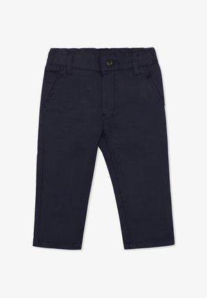 Navyblauwe katoenen blendbroek met knoopsluiting, voorzakken en een recht model. Glad textuur en geen zichtbare patronen.
