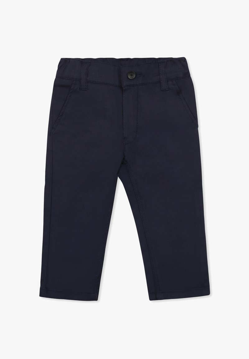 Navyblauwe katoenen blendbroek met knoopsluiting, voorzakken en een recht model. Glad textuur en geen zichtbare patronen.