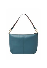 Sac bandoulière en cuir bleu sarcelle avec couture centrale, ferrures dorées, et une sangle marron attachée par des anneaux dorés et des connecteurs noirs.