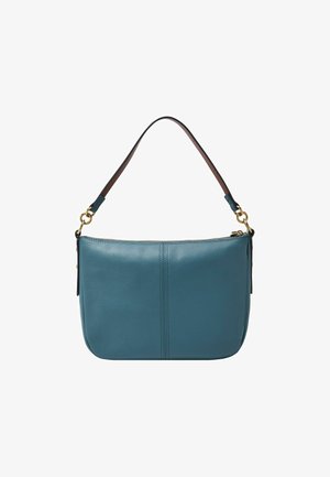 Sac bandoulière en cuir bleu sarcelle avec couture centrale, ferrures dorées, et une sangle marron attachée par des anneaux dorés et des connecteurs noirs.