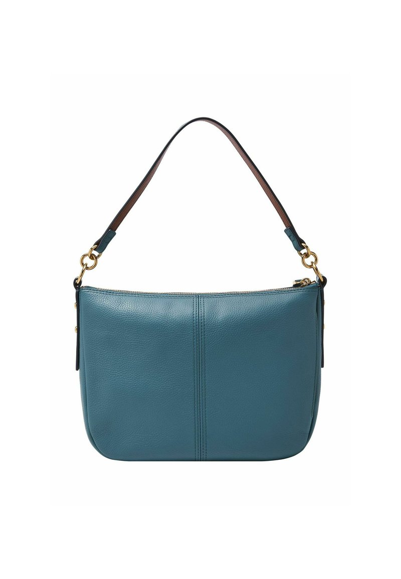 Sac bandoulière en cuir bleu sarcelle avec couture centrale, ferrures dorées, et une sangle marron attachée par des anneaux dorés et des connecteurs noirs.