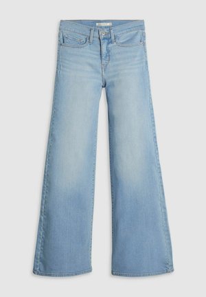 Jeans a gamba larga di colore azzurro chiaro realizzati in denim, con vita alta, tasche frontali e una leggera scoloritura con orlo pulito.