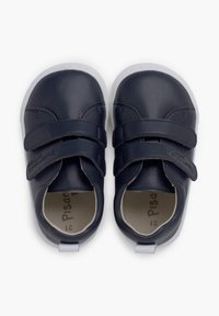 Dark blue leather shoes with two Velcro straps, white rubber soles, rounded toe design, and a small heel tab at the back.