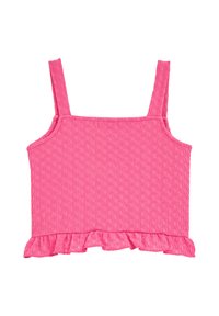 Rozā bezpiedurkņu tops ar teksturētu viļņotu rakstu, plandīgām malām un plānām siksnām. Izgatavots no viegla auduma, kas piemērots siltam laikam.