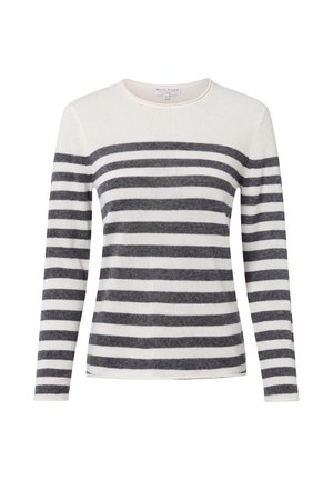 Weißer Pullover mit langen Ärmeln und grauen horizontalen Streifen, Rundhalsausschnitt und einem kleinen Stoffetikett im Kragen.