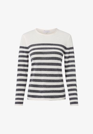 Witte lange mouwen trui met grijze horizontale strepen, ronde halslijn en een klein stoffen label aan de binnenkant van de kraag.