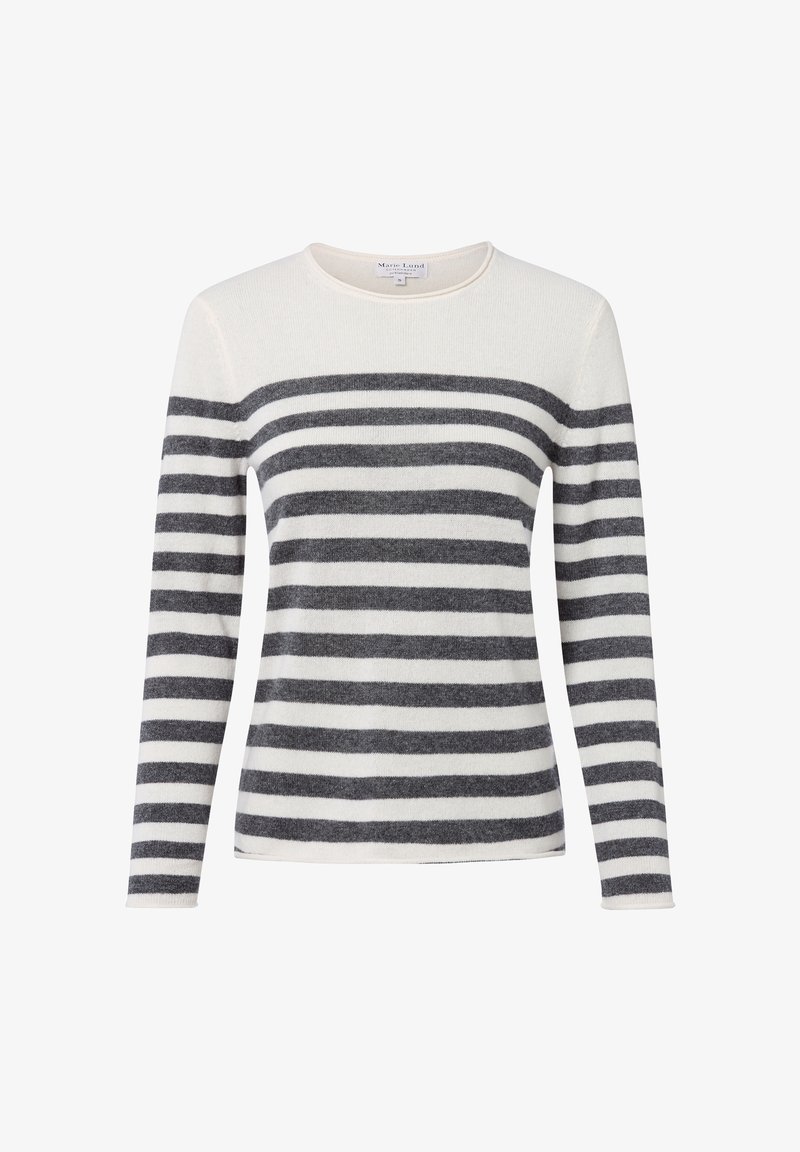 Weißer Pullover mit langen Ärmeln und grauen horizontalen Streifen, Rundhalsausschnitt und einem kleinen Stoffetikett im Kragen.