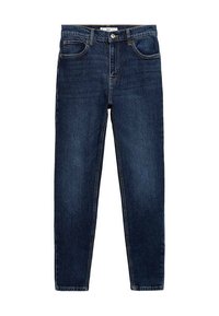 Jeans in denim blu scuro con vestibilità slim. Le caratteristiche includono tasche frontali, chiusura a bottoni e cuciture a contrasto lungo le cuciture.