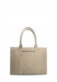 Beige suède tote bag met twee bovenhandvatten, een voorvak met rits en een gestructureerde rechthoekige vorm. Gladde textuur en minimalistisch ontwerp.