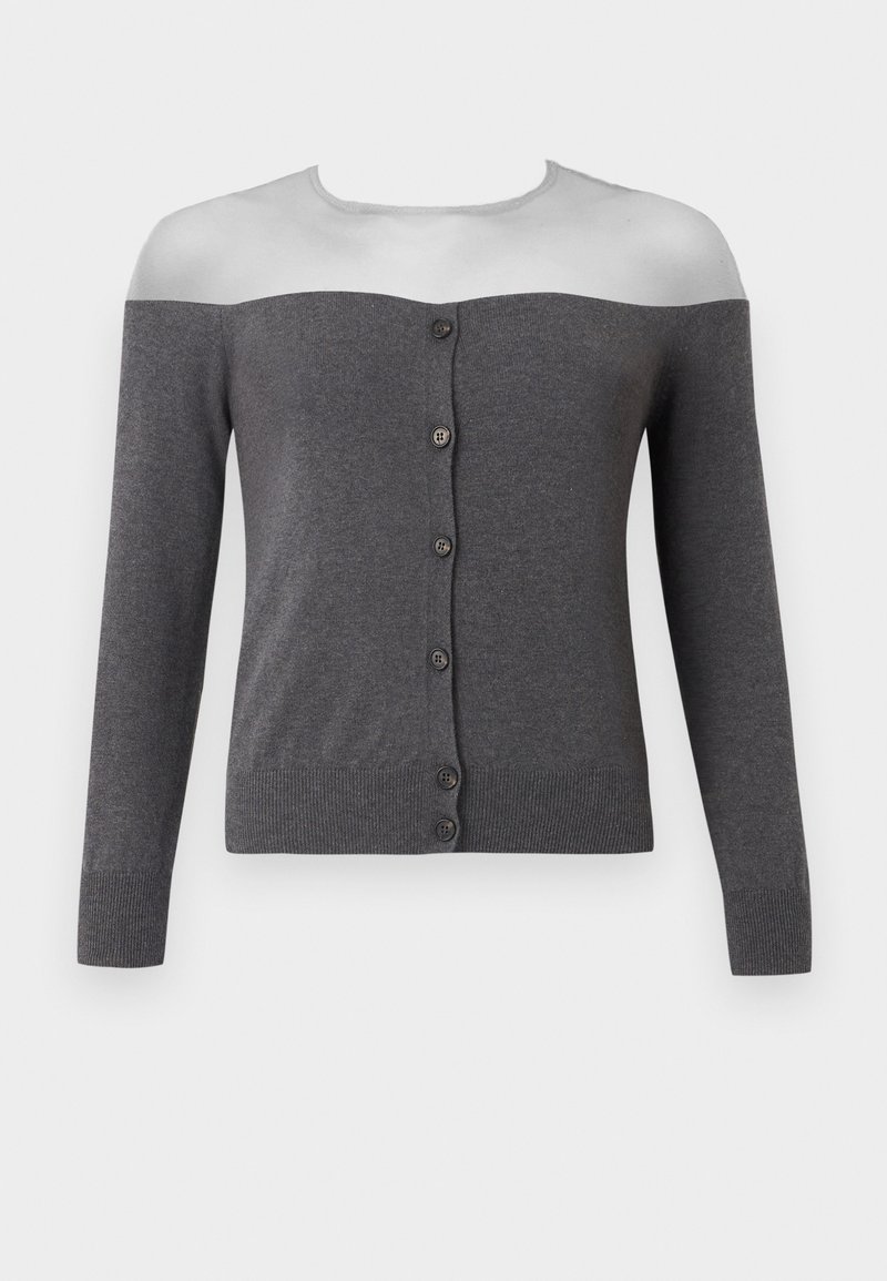 Dark gray off-shoulder cardigan with long sleeves and a front row of six black buttons, displayed on a headless mannequin.