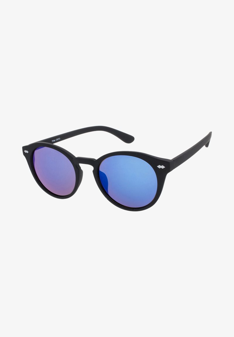 Gafas de sol redondas negras con lentes ahumados en degradado azul. Montura de acabado mate con varillas delgadas y curvadas. Categoría de filtro 3 indicada en el lateral.