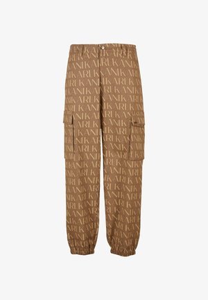 Brązowe spodnie cargo z powtarzającym się nadrukiem "KARL", z kieszeniami bocznymi, elastycznymi mankietami i zapięciem na guzik w talii.