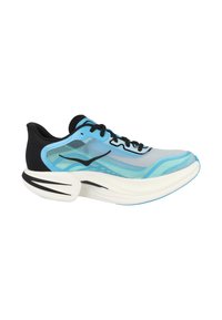 Laufschuh aus Mesh-Material mit blauen und schwarzen Akzenten. Verfügt über ein schlankes Design, eine abgerundete Zehenpartie, eine dicke weiße Sohle und strukturierte Details.