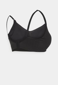 Svart bh med justerbara band, slät textur, byglar stöd och hak-och-öga stängning, utformad för komfort och passform.