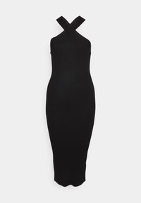 Svart ribbad stickad klänning med en figurnära siluett. Har tjocka, korslagda band vid halsringningen och en midilängd på fållen. Slät textur.