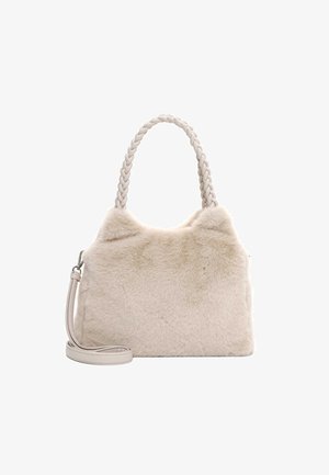 Faux-Pelz-Handtasche in Creme mit einem geflochtenen oberen Griff und einem abnehmbaren Schulterriemen. Weiche Textur und strukturierte Form, minimale Akzente.