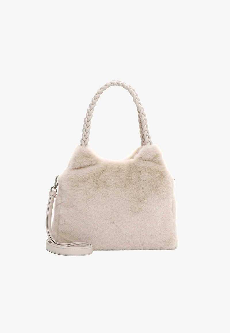 Faux-Pelz-Handtasche in Creme mit einem geflochtenen oberen Griff und einem abnehmbaren Schulterriemen. Weiche Textur und strukturierte Form, minimale Akzente.