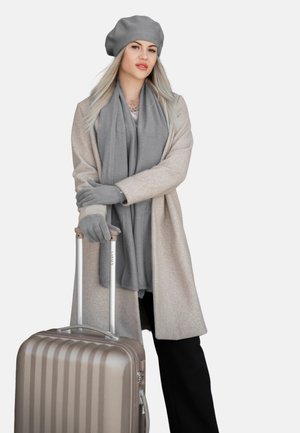 Un manteau gris clair sur une écharpe et des gants gris, tenant une valise métallique beige avec une surface texturée et une poignée rétractable.