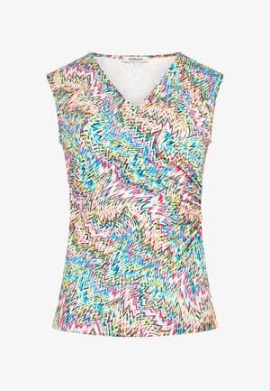 Sleeveless V-neck top featuring a multicolored zigzag pattern in pink, blue, and yellow on a lightweight fabric. Gathered side detail.