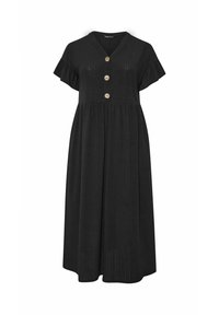 Czarna prążkowana sukienka midi z dekoltem w serek, krótkimi falbankowymi rękawami i trzema złotymi guzikami na przodzie.