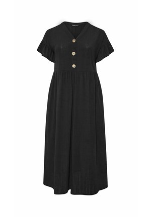 Zwart geribbeld midi-jurkje met een V-hals, korte rucheslouwen en drie gouden knopen op de voorkant.