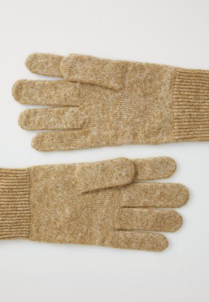 Gants en tricot de couleur brun clair avec une texture douce. Chaque gant possède cinq emplacements pour les doigts et des poignets côtelés.