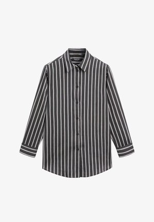 Camicia a righe bianche e nere con maniche lunghe, colletto classico e orlo dritto. Le righe sono equamente distanziate e prevalentemente verticali.