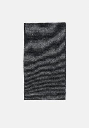 Black and grey striped textile with a rectangular shape, featuring a textured surface and subtle variations in the pattern.