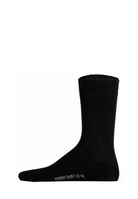 Schwarze Baumwollsocke mit geripptem Bündchen, glatter Textur und verstärkter Ferse. Größe auf dem Fuß angegeben als "Hudson Easy 13-46".