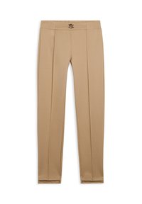 Pantaloni in beige chiaro, design su misura con una texture liscia, dotati di pieghe frontali e una fibbia decorativa in metallo in vita.