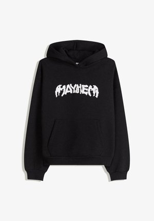 Čierna mikina s kapucňou vyrobená z bavlny, s jemnou textúrou, prednou vreckom a stylizovaným bielym nápisom "MAYHEM".