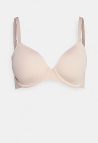 Licht beige, gewatteerde bh met een gladde textuur, licht gebogen cups en verstelbare bandjes. Eenvoudig ontwerp zonder zichtbare hardware of patronen.