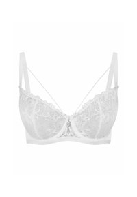 Biały koronkowy stanik z kwiatowymi wzorami i przezroczystym designem. Posiada cienkie ramiączka, zapięcie na hak oraz fiszbiny dla wsparcia.