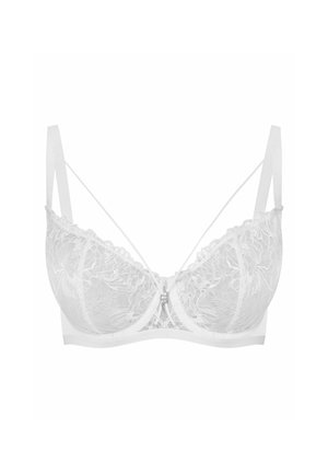 Biały koronkowy stanik z kwiatowymi wzorami i przezroczystym designem. Posiada cienkie ramiączka, zapięcie na hak oraz fiszbiny dla wsparcia.