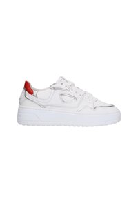 White sneaker with a textured upper, silver accents, rounded toe, and a red heel tab. Thick white sole with a rugged tread pattern.